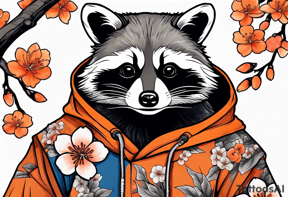 raccoon wearing a black and white Superman hoodie and orange Japanese cherry blossoms tattoo idea