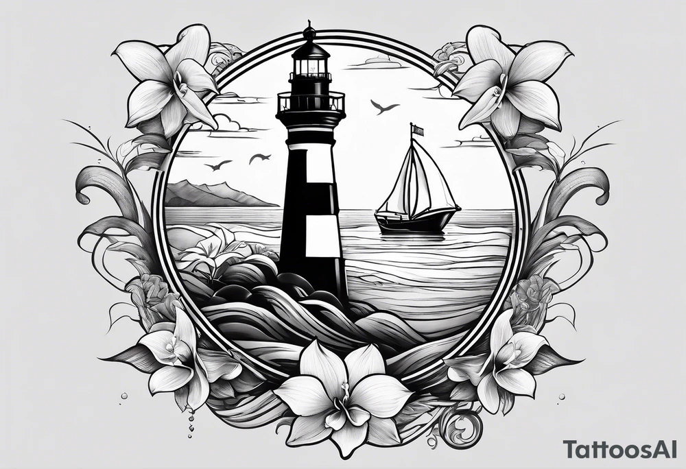 Lighthouse on a beach with a whale's tail sticking out of the water of the ocean with a border containing an anchor and orchids tattoo idea