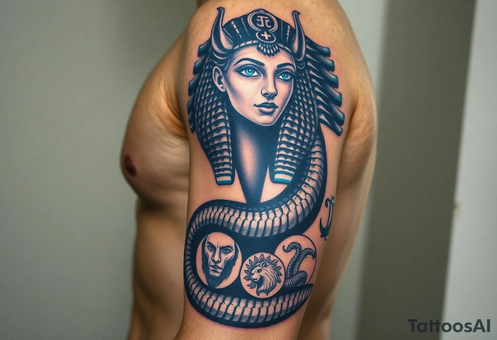 A DSLR photo of a full upper arm tattoo on a man's right arm, from neck to below the elbow. The tattoo shows the Egyptian goddess Renenutet with a serene and powerful female face, shaded with lifelike detail. Her eyes are vivid blue with white highlights. She wears a war crown (Mut or Isis style, with horns and a solar disk), and an ankh on the forehead. Her hair blends into a cobra hood that transitions into the serpent’s body wrapping around the entire arm. The cobra’s scales are deeply shaded black with white edge accents and subtle blue highlights on the back. The body coils protectively around the forearm, encircling three symbols: twin faces (Gemini), a lion’s head in relief (Leo), and a Capricorn with a horned goat and fish tail, each embedded in the snake’s body or stylized medallions. The tattoo glows slightly with white ink accents, giving it a vibrant, almost living presence. Photographed in soft studio lighting to highlight texture and shading, with visible skin grain and depth of ink. tattoo idea
