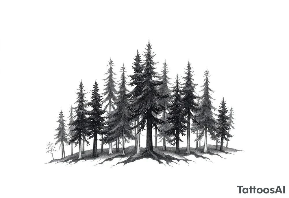 Needle forest with black and gray trees tattoo idea