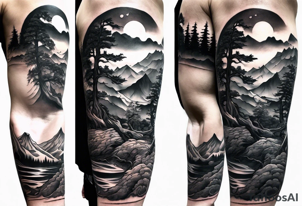 Full arm sleeve, tree going up to shoulder dead tree going down to wrist, wrapped in a serpent moving down with mountain, water, and demon tattoo idea