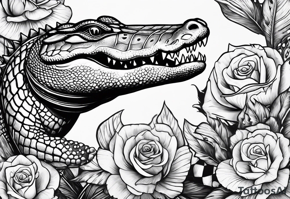 Dagger with an alligator and topless pinup girl tattoo idea