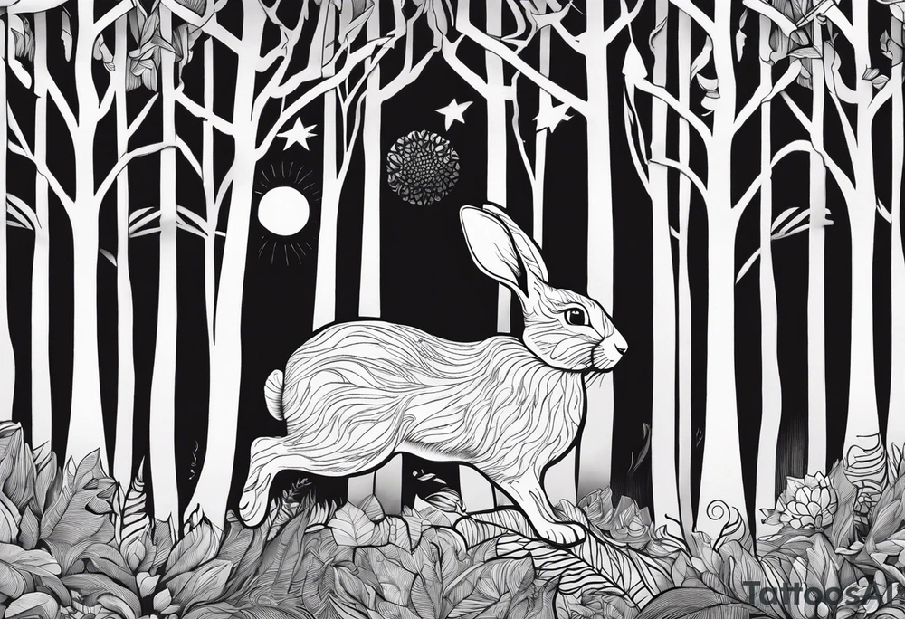 forest with a rabbit between the trees. Tattoo for a female forearm. tattoo idea