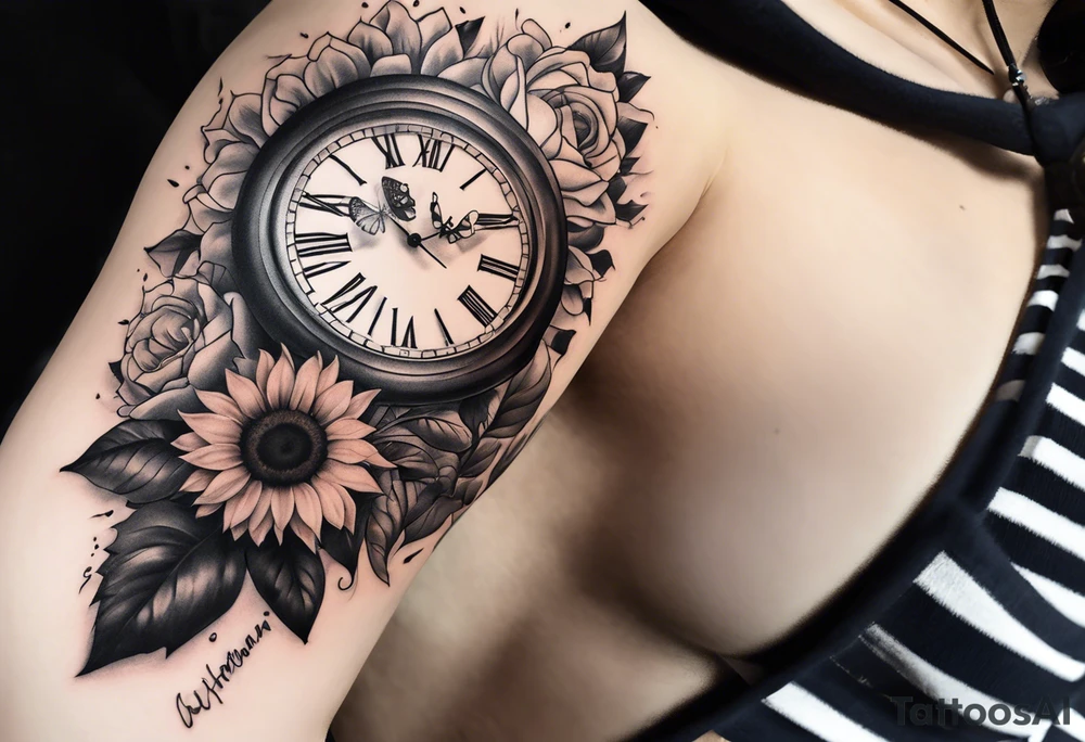 Sleeve with clock, sunflower and butterfly tattoo idea