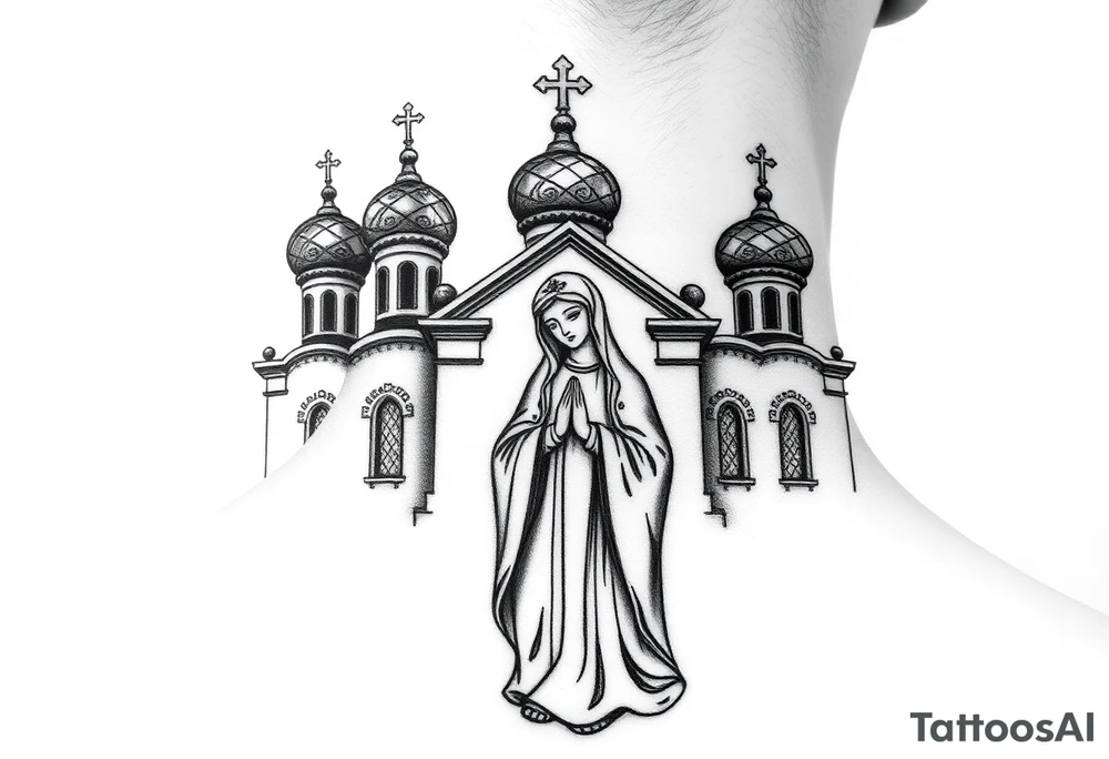 Russian orthodox church with bulb domes with a prominent russian orthodox style virgin mary stood outside with hands together tattoo idea