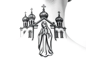 Russian orthodox church with bulb domes with a prominent russian orthodox style virgin mary stood outside with hands together tattoo idea