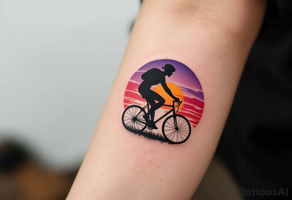 A silhouette of a cyclist against a setting sun, with a dramatic contrast of black ink against a gradient of purple, orange, and red. tattoo idea