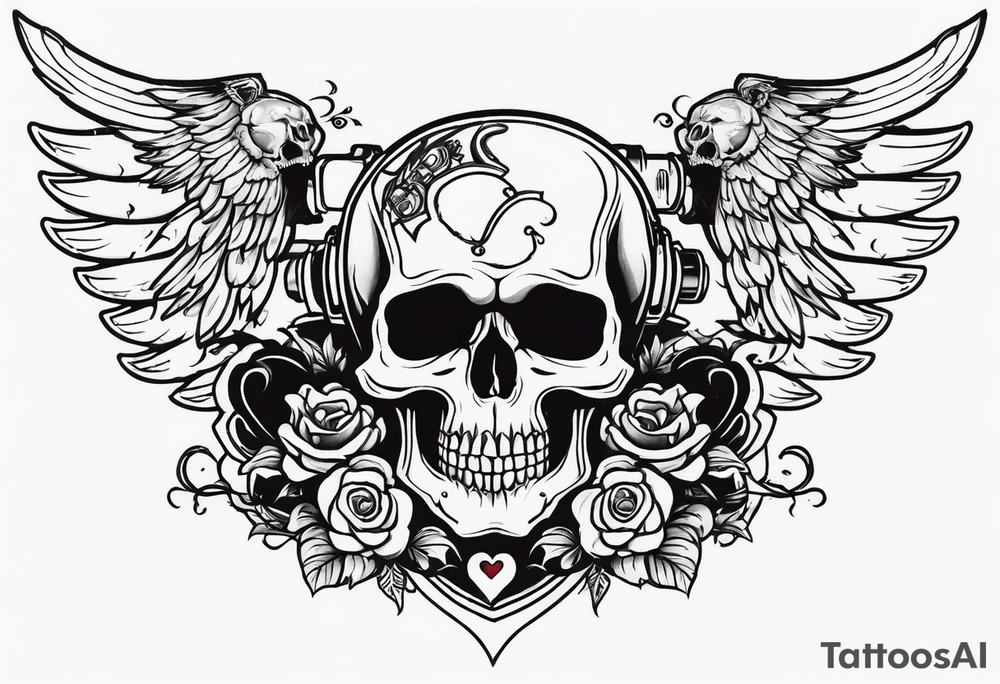 skull with a gun dominated by a  heart with wings and  flames coming out of the top of it tattoo idea