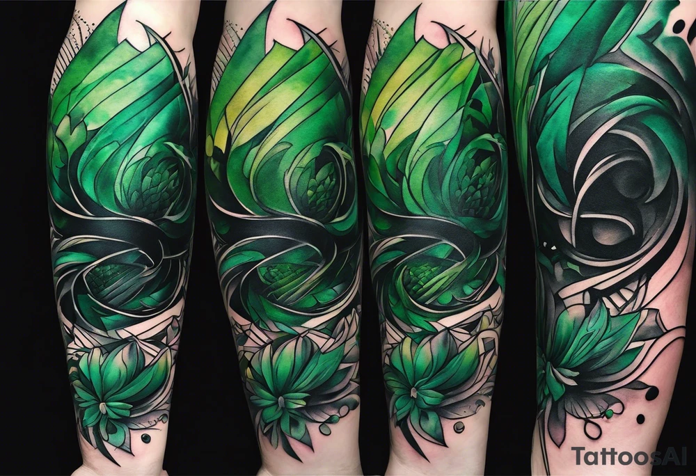 abstract, green and black, covered from wrist to forearm, fully covered, no borders, blackwork, no people tattoo idea