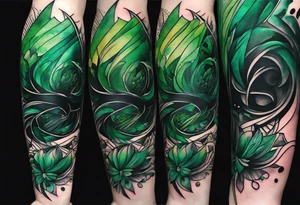 abstract, green and black, covered from wrist to forearm, fully covered, no borders, blackwork, no people tattoo idea