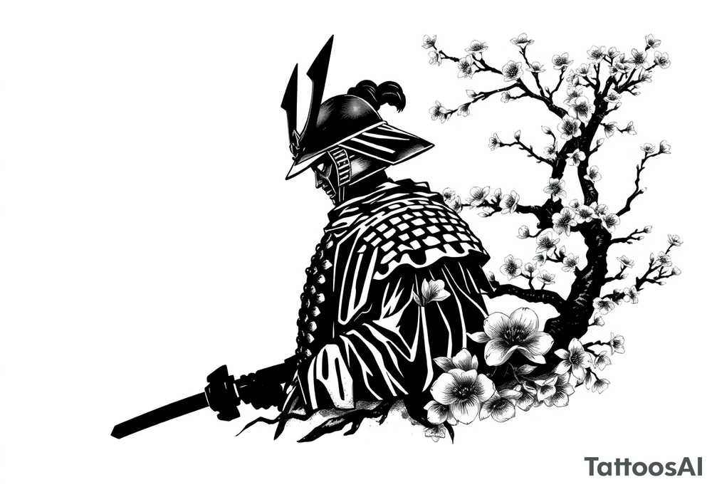 noble samurai warrior silhouette at sunset with cherry blossoms tattoo idea