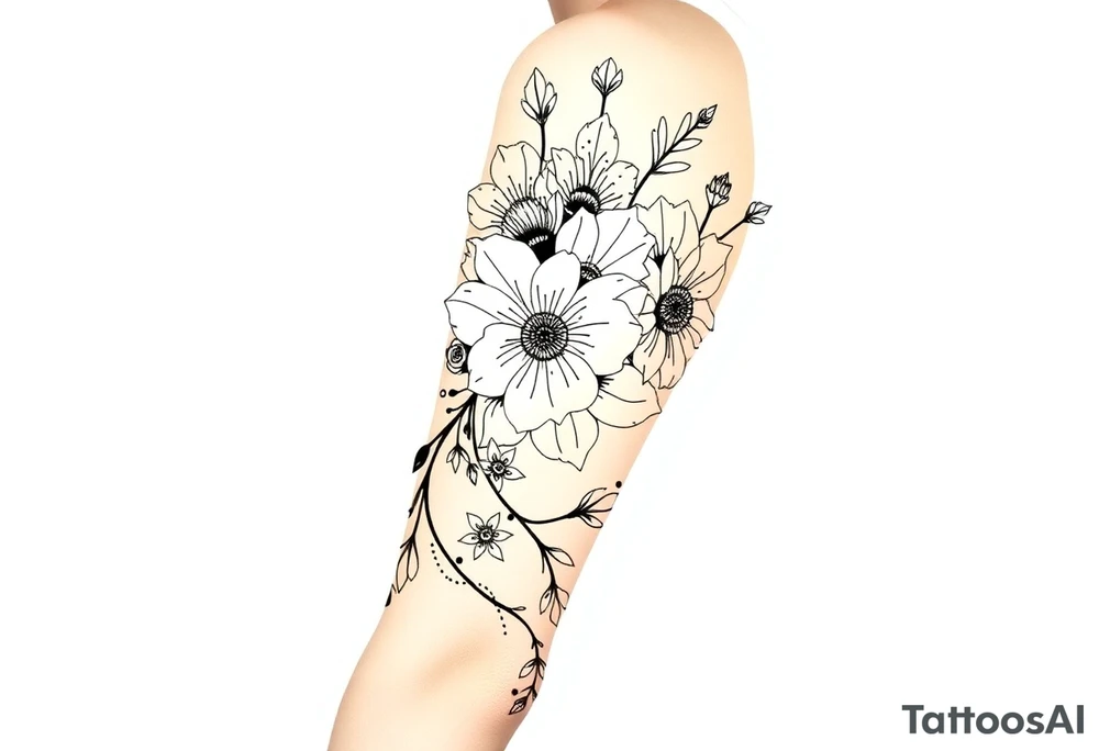 floral composition with japanese vibe, mutiple ornemental patern and leaf, dot geometric ornement, lycoris tattoo idea