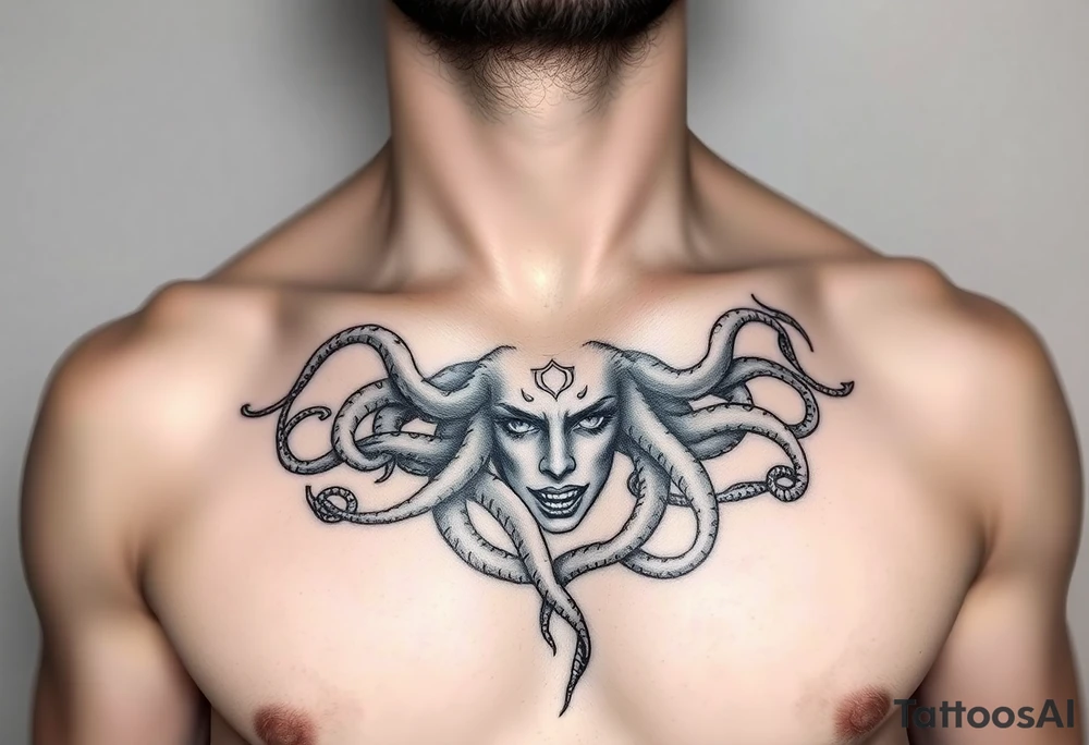 A Beautiful feminine sexy Medusa chest peice Black and white with shading, realistic tattoo idea