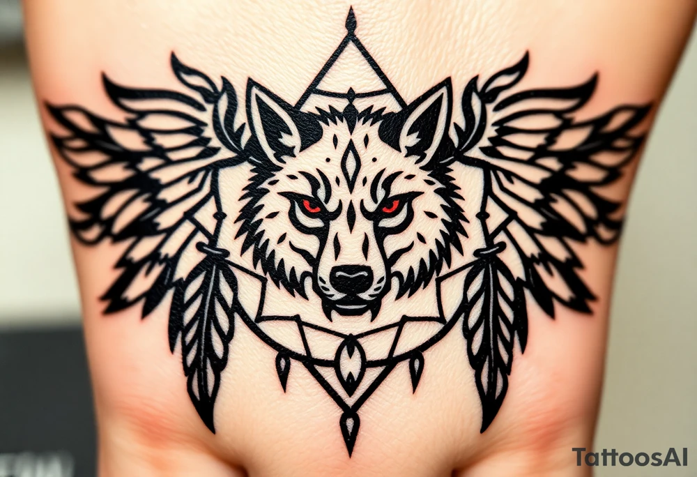 A symmetrical tribal wolf head inside a dreamcatcher, with feather patterns forming geometric shapes around it. The design is rendered in black ink with accents of red for the eyes and white in the feathers tattoo idea