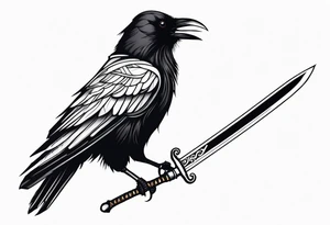 a black raven with a sword in its mouth facing left tattoo idea