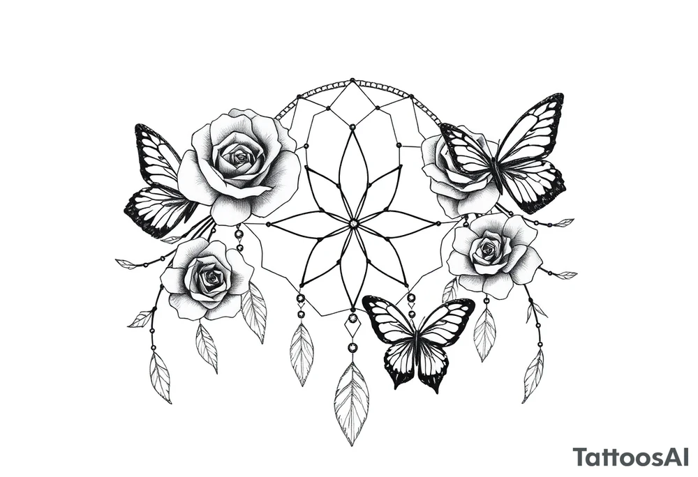 Beautiful Dreamcatcher roses and butterflies tattoo idea