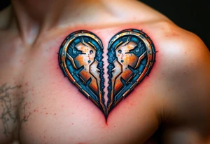 A metallic heart split down the middle, rusting at the edges with blue circuitry exposed inside, symbolizing a lost but once-powerful connection. tattoo idea