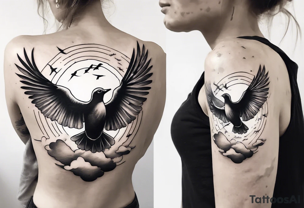 shoulder tattoo with light rays with birds flying free among the clouds, round shape tattoo idea