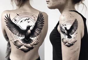 shoulder tattoo with light rays with birds flying free among the clouds, round shape tattoo idea