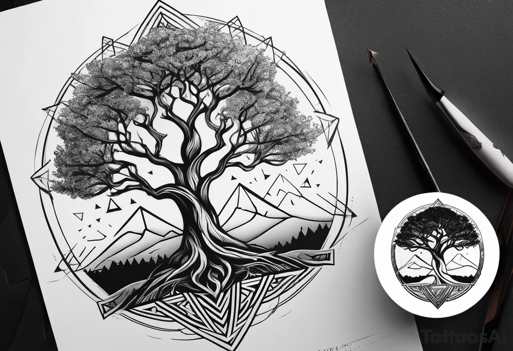 minimalistic Yggdrasil tree with 3 triangles set behind it tattoo idea minimalistic Yggdrasil tree with 3 triangles set behind it tattoo idea