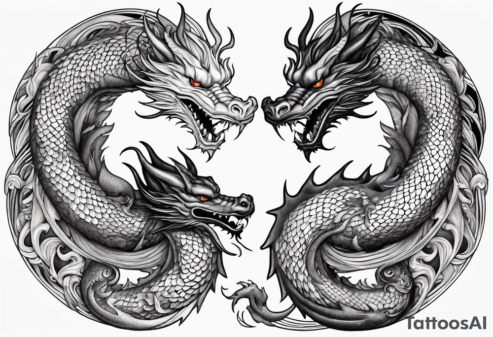 Ying yang dragons in a swirl fighting eachother , with full bodies tattoo idea