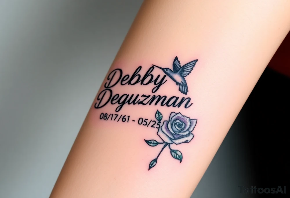Tattoo of the name Debby Deguzman in chunky bold curly cursive with the exact dates of 08/17/61-05/29/25 surrounded by a hummingbird and a rose tattoo idea