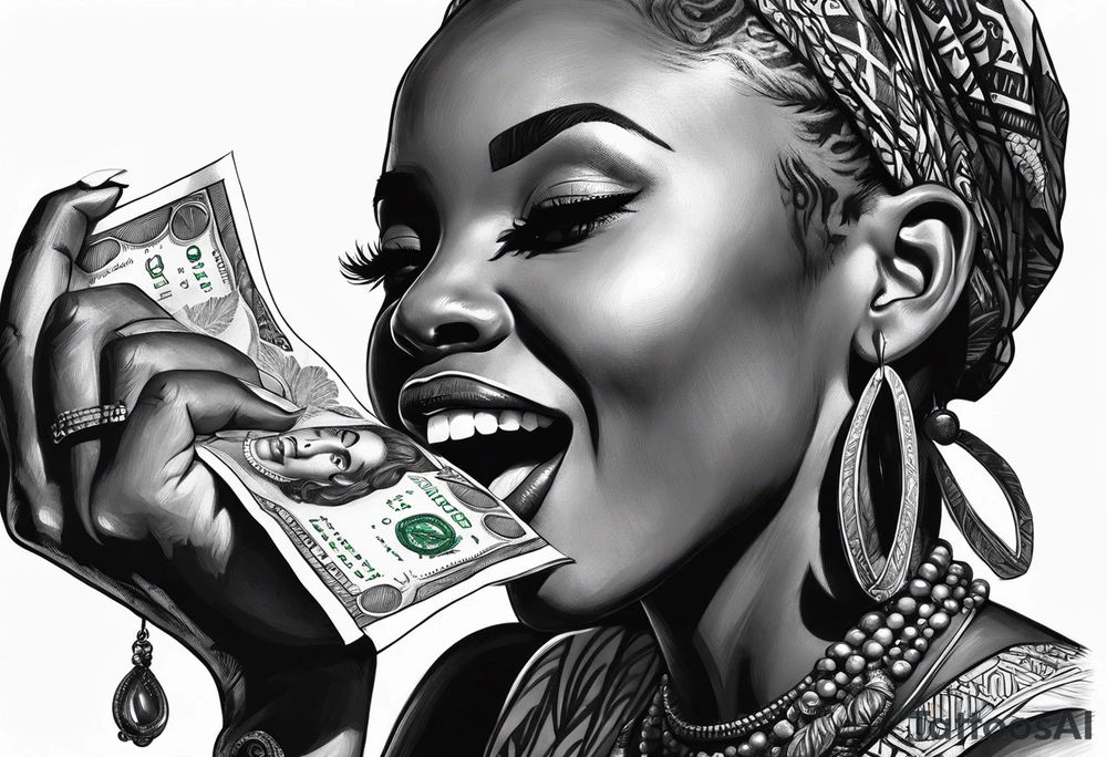 african woman biting money tattoo idea