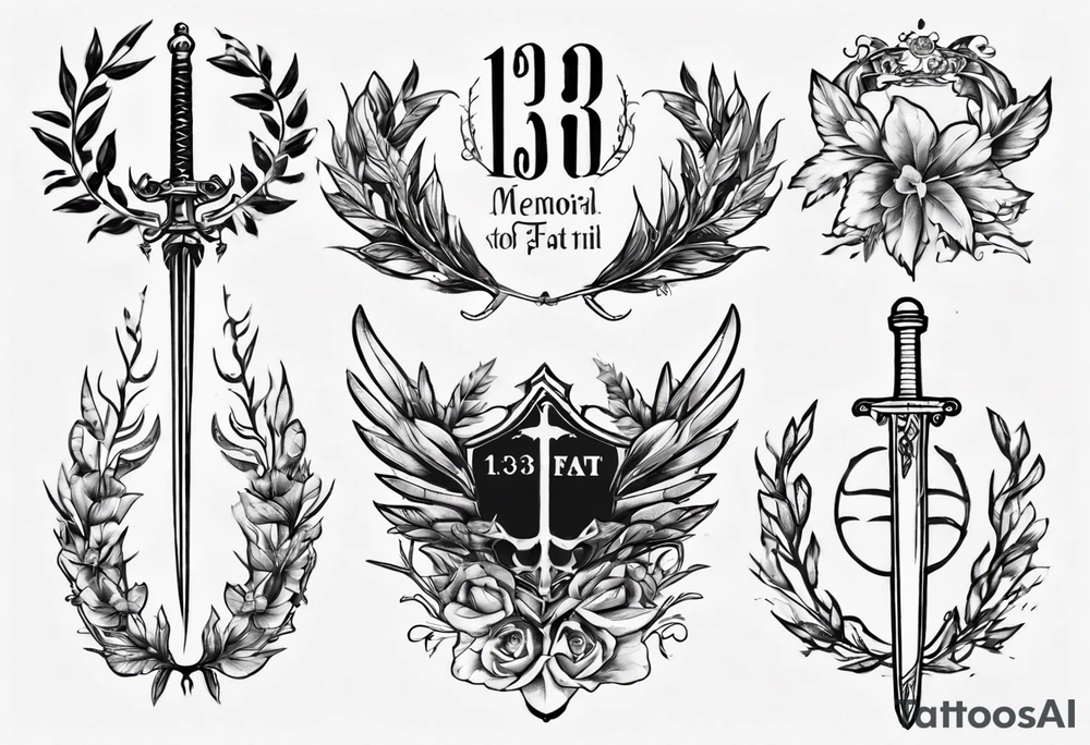 Memorial tattoo using all of the following details - the number 13, a sword, a laurel leaf wreath, and amor fati. tattoo idea