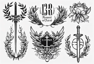 Memorial tattoo using all of the following details - the number 13, a sword, a laurel leaf wreath, and amor fati. tattoo idea