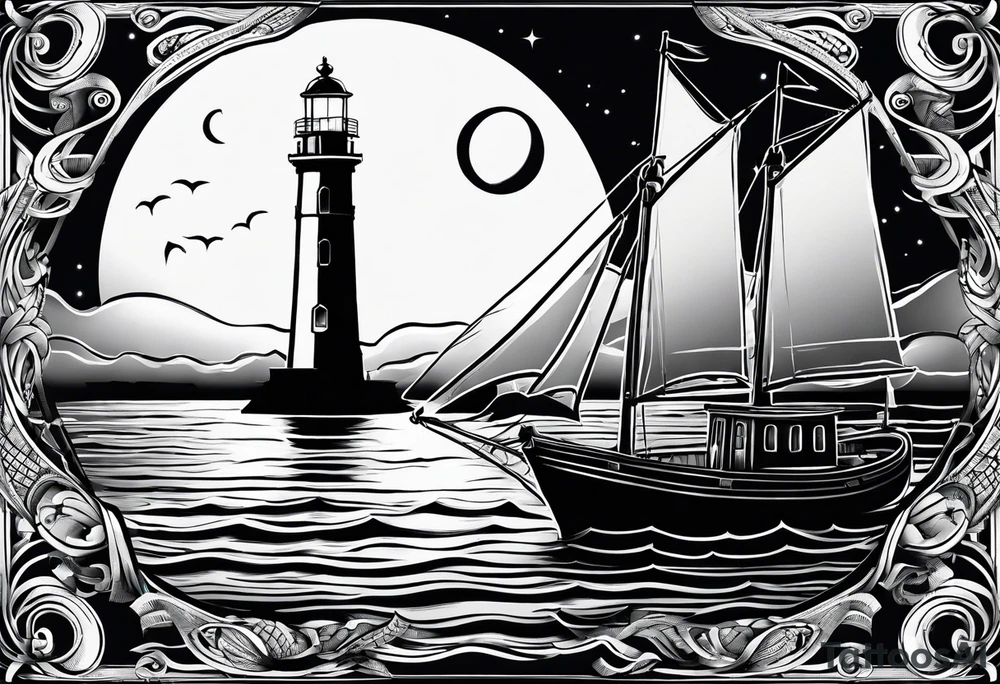 bateau, phare maritime et lune bleu tattoo idea