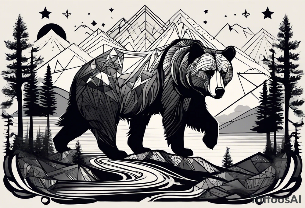 Full sleeve tattoo. The design should include space, stars, forest, sunset, mountains, cliffs, waterfall, water, ocean, wild animals (bear, wolves, elephant), and inserts of triangles and geometric figures. I have two children – a son, Sergei (the eldest), and a daughter, Anna, who live with me and my wife. But I also have another daughter, Marianna, whom I haven't seen for a long time and eagerly await to meet. The tattoo should symbolize love and protection for my children and family, the desire to secure their future, and confidence in tomorrow. It should reflect the notion of not looking back, but always moving forward and achieving goals! tattoo idea