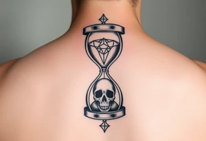 Simple but nice hourglass with trippy art details and a diamond and a skull or grim reaper. tattoo idea