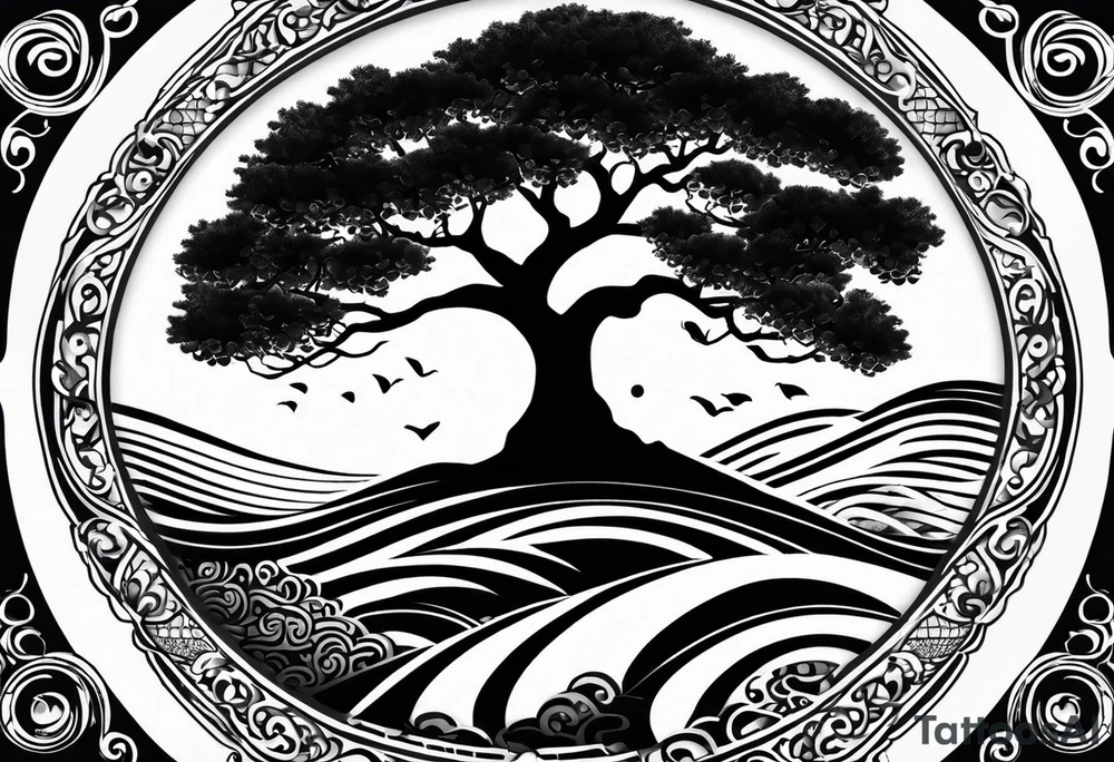 an abstract Tree of life tattoo design. Black and white. It should have roots growing out of the bottom. The roots slowly transform into water waves from the great wave by Hokusai. A golf ball should be placed discreetly. Like in the place of a moon. 2 license plate tags should be hanging from the tree. Place a few music notes. The letters A U should be engraved into the tree trunk in a heart tattoo idea