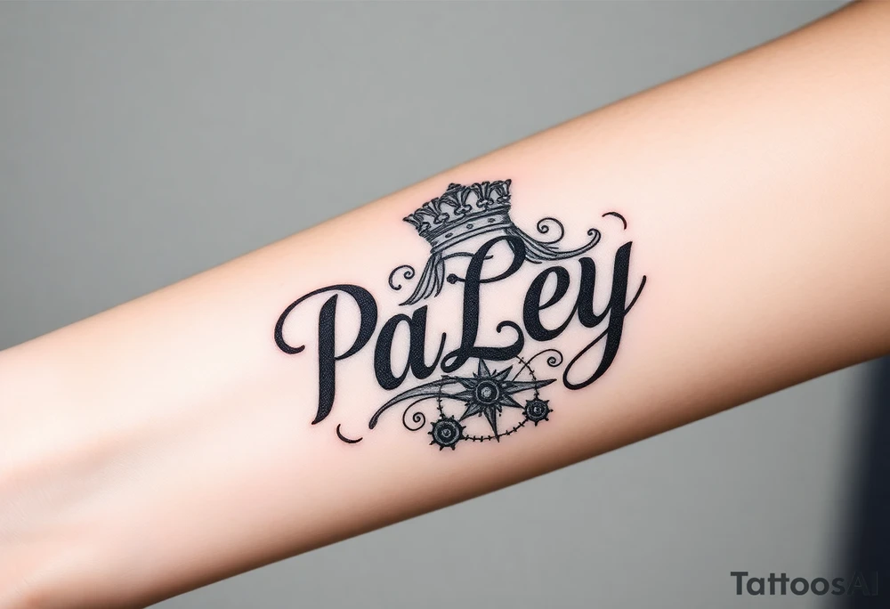 “PaLey” with a crown and complex design tattoo idea