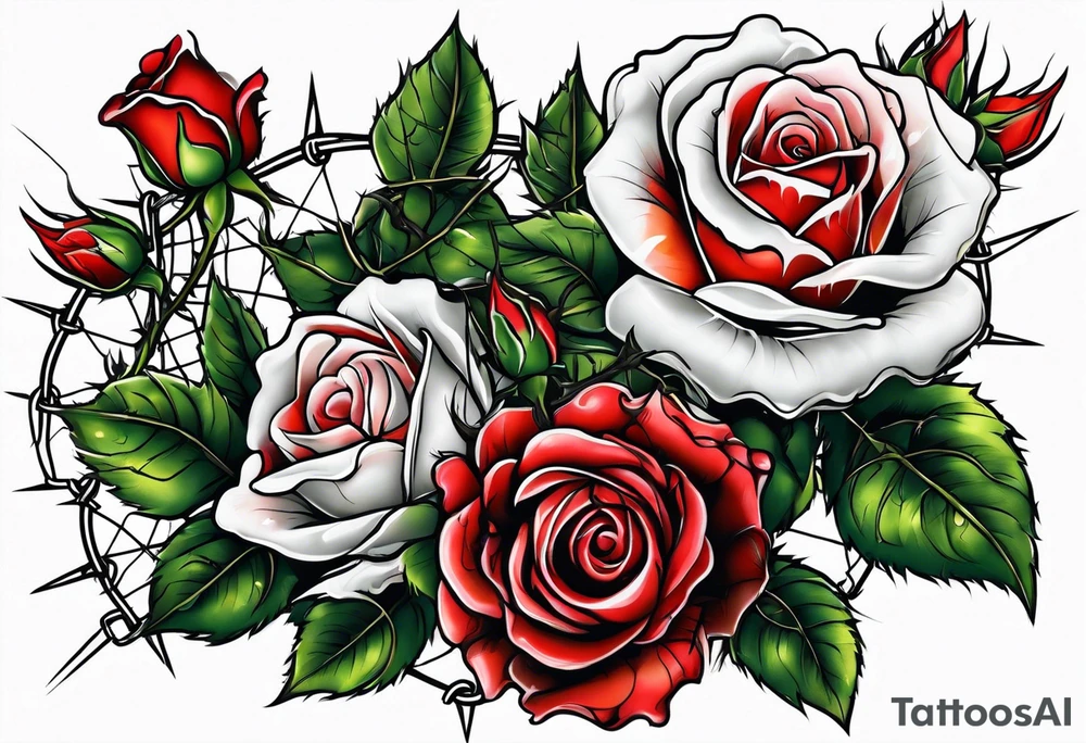 roses with thorns and barbed wire intertwined tattoo idea