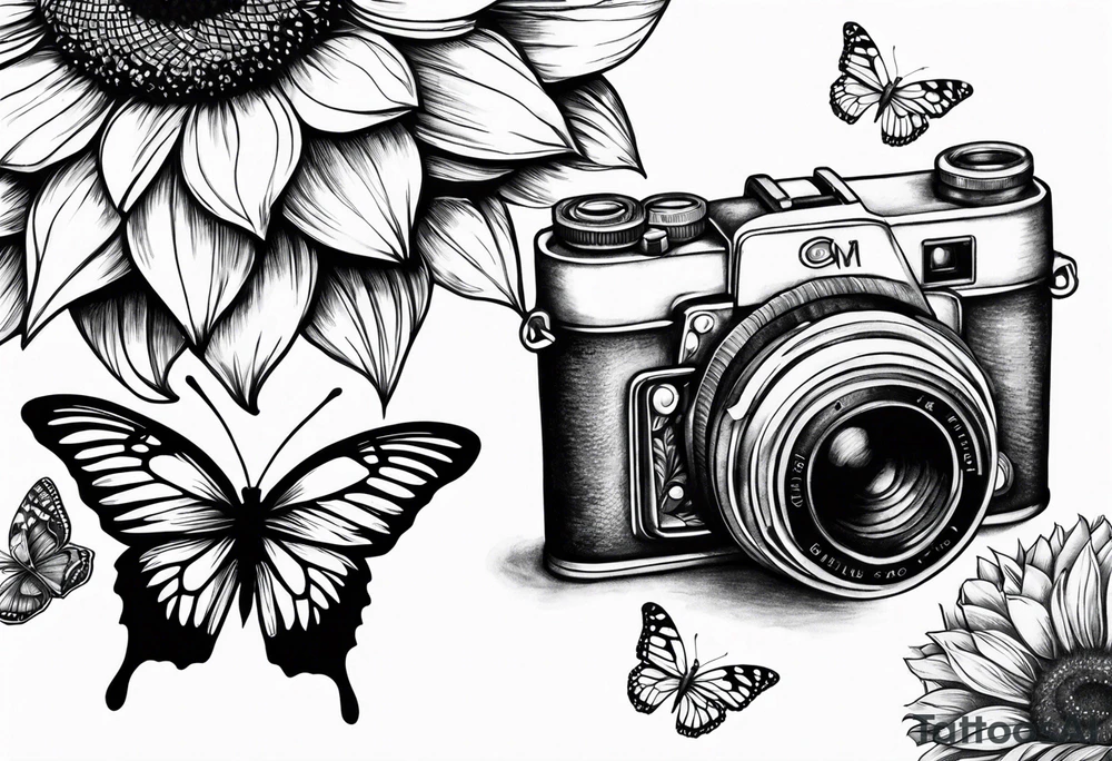 Butterfly, sunflower, camera, book, flower rose tattoo idea