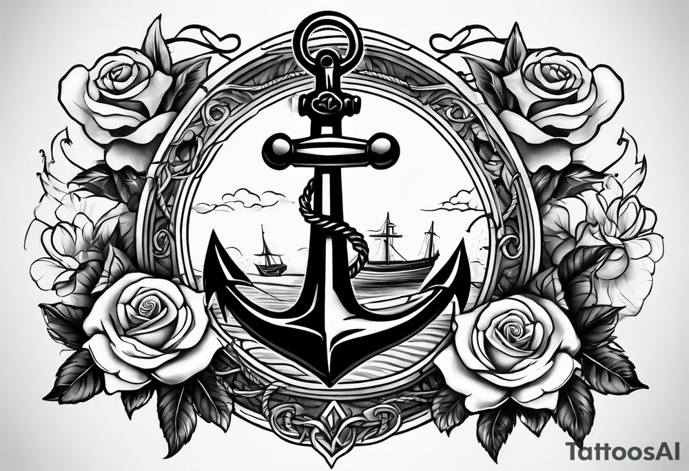 An anchor with a large S through the anchor. Angle wings on the left and right side. Roses below the anchor. Waves in the back ground tattoo idea