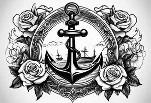 An anchor with a large S through the anchor. Angle wings on the left and right side. Roses below the anchor. Waves in the back ground tattoo idea