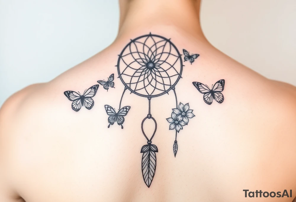 Small Simple dream catcher with butterflies and flowers tattoo idea