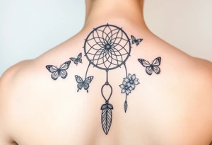 Small Simple dream catcher with butterflies and flowers tattoo idea