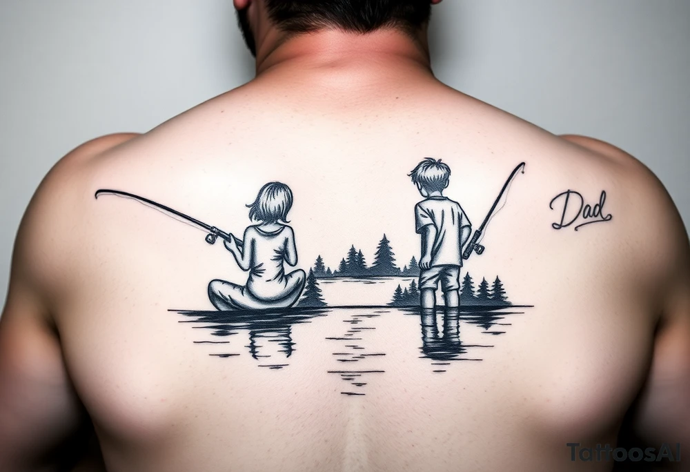Dad fishing with 3 kids 
1girl and 2 sons
With lake tattoo idea