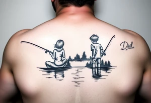 Dad fishing with 3 kids 
1girl and 2 sons
With lake tattoo idea