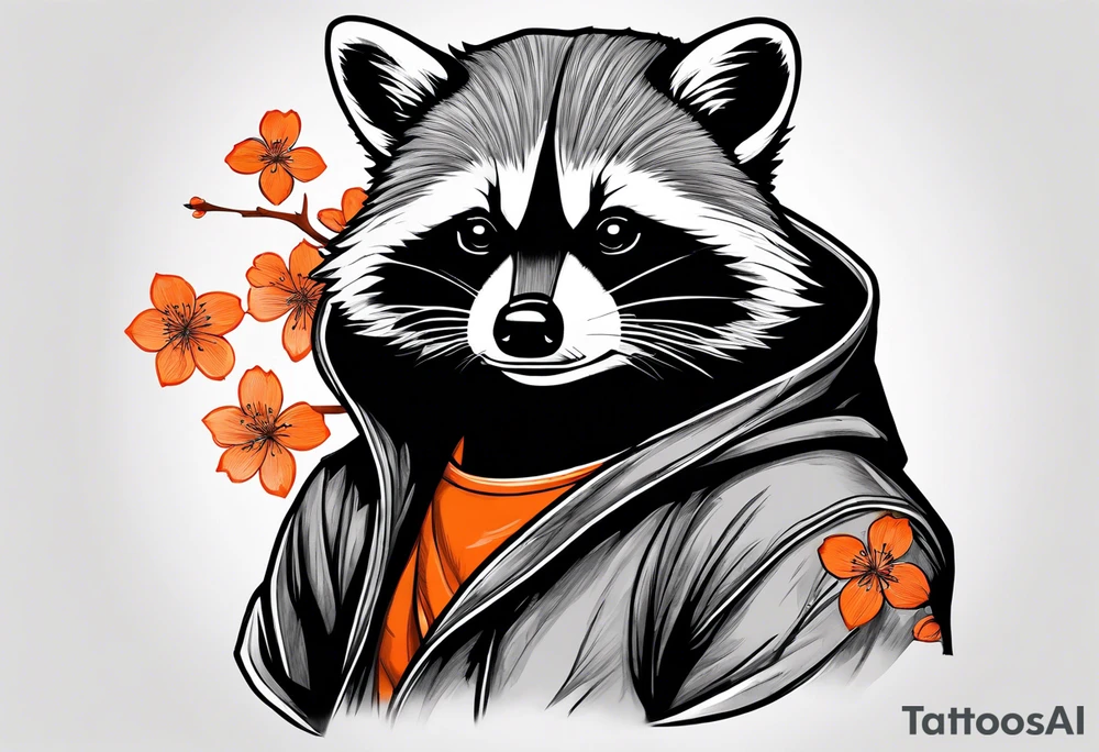 raccoon wearing a black and white Superman hoodie and orange Japanese cherry blossoms tattoo idea