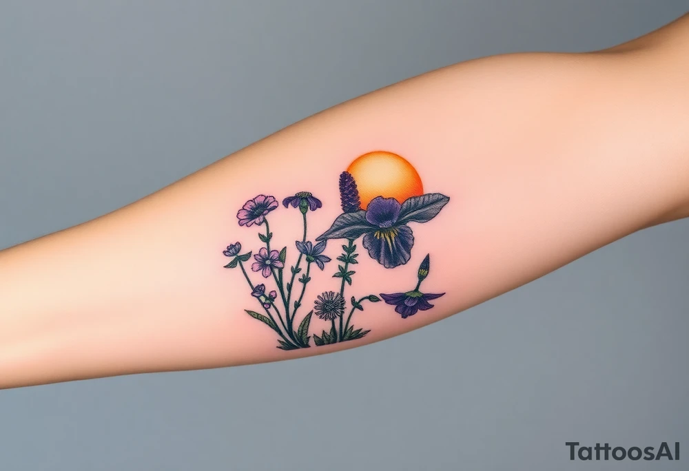 cutleaf coneflower, blue flag iris, bee balm, obedient plant, purple coneflower on a hill with a sunset tattoo idea