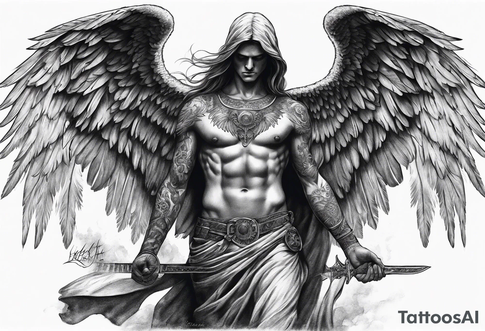 realistic full body of angel of death, without face, man tattoo idea