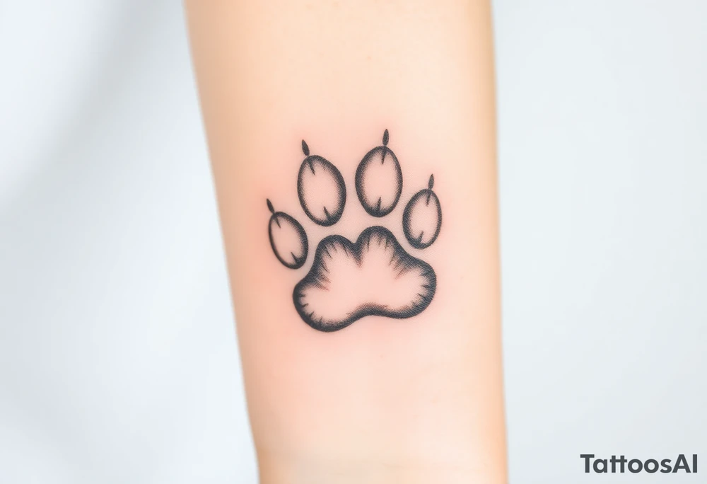 A detailed cat paw print with soft fur textures, using natural tones of cream, gray, and light brown for a delicate and cozy feel and hearts within tattoo idea