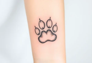 A detailed cat paw print with soft fur textures, using natural tones of cream, gray, and light brown for a delicate and cozy feel and hearts within tattoo idea