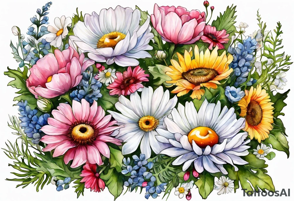 and oval of wildflowers cascading with thistles, ferns, white anemones, sun flowers, buttercups, pink flowers, red flowers, babys breath and daisies all in watercolor tattoo idea