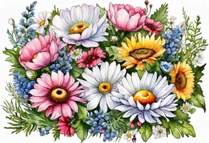 and oval of wildflowers cascading with thistles, ferns, white anemones, sun flowers, buttercups, pink flowers, red flowers, babys breath and daisies all in watercolor tattoo idea