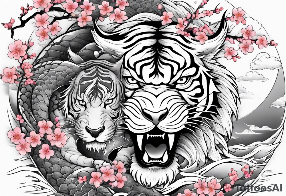 Majestic dragon and fierce tiger in waves and cherry blossoms tattoo idea